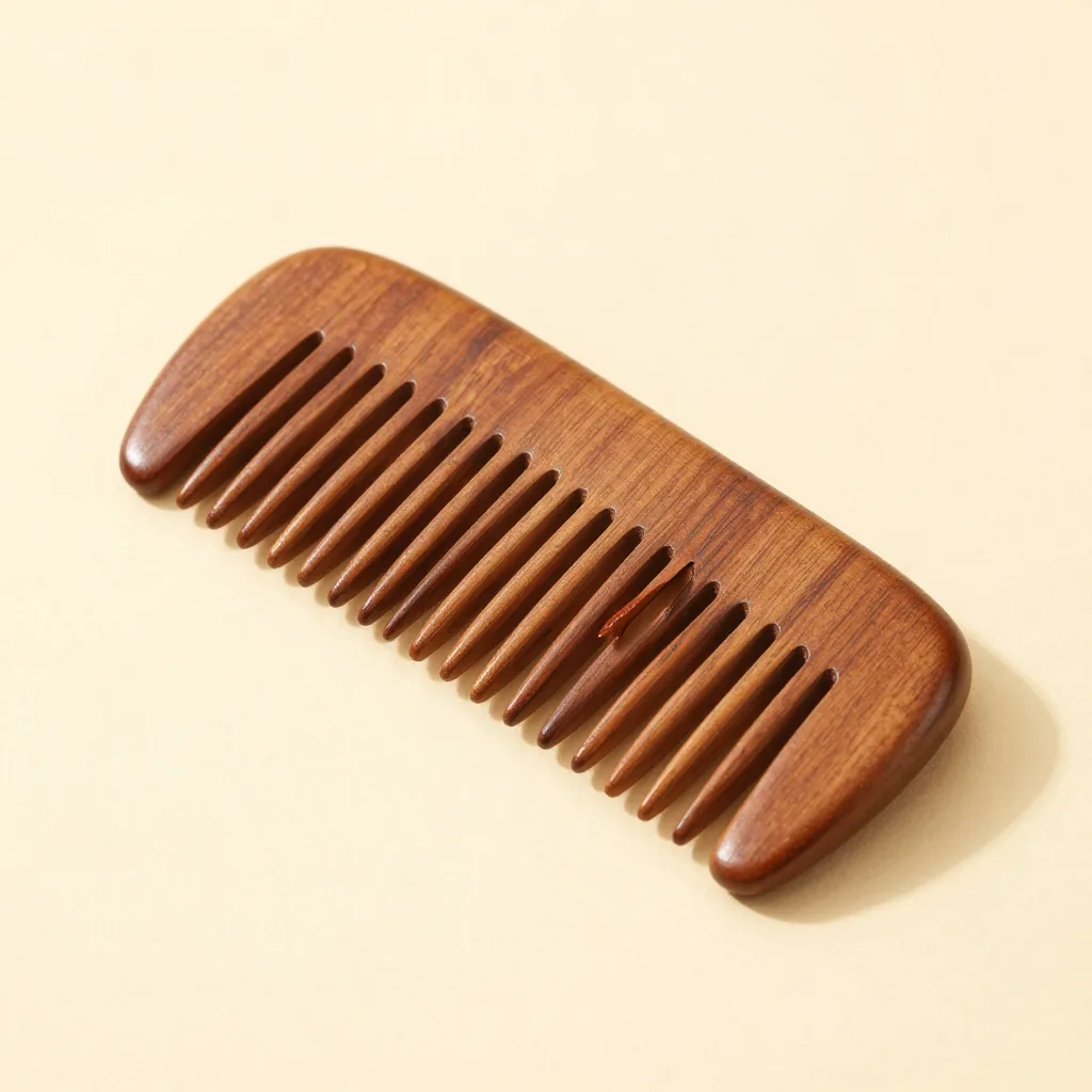 A wide-tooth neem wood comb on a light background