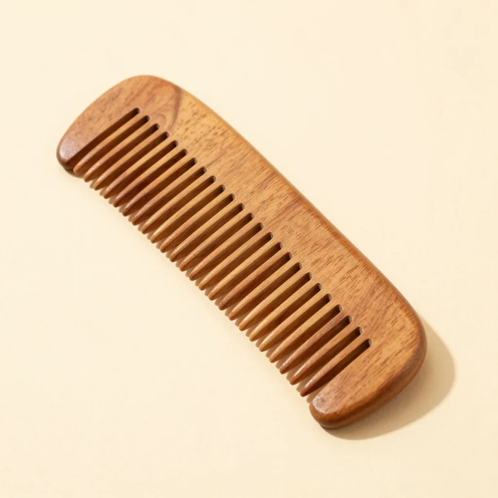 A fine-tooth neem wood comb on a light background