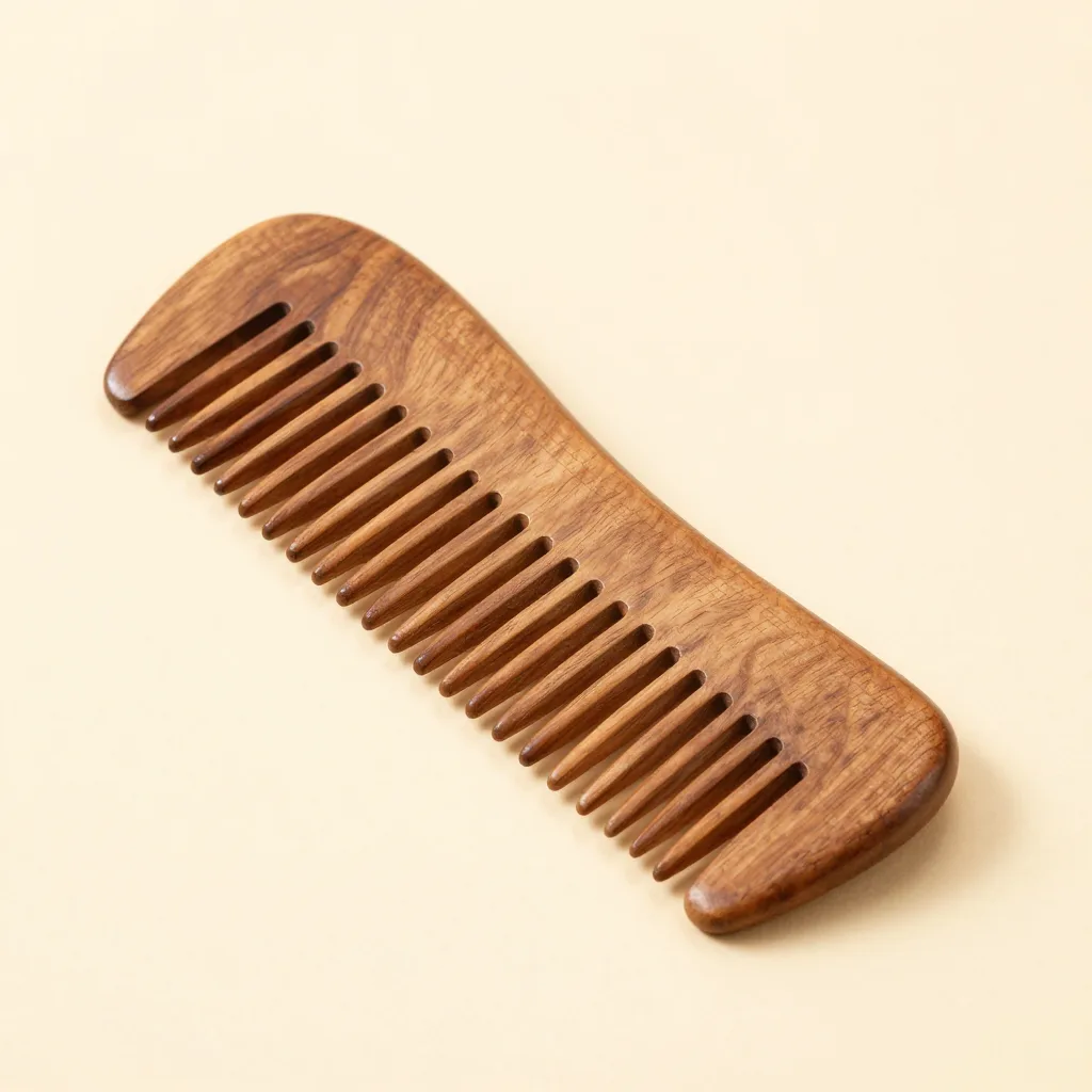 A broad paddle neem wood comb on a light background