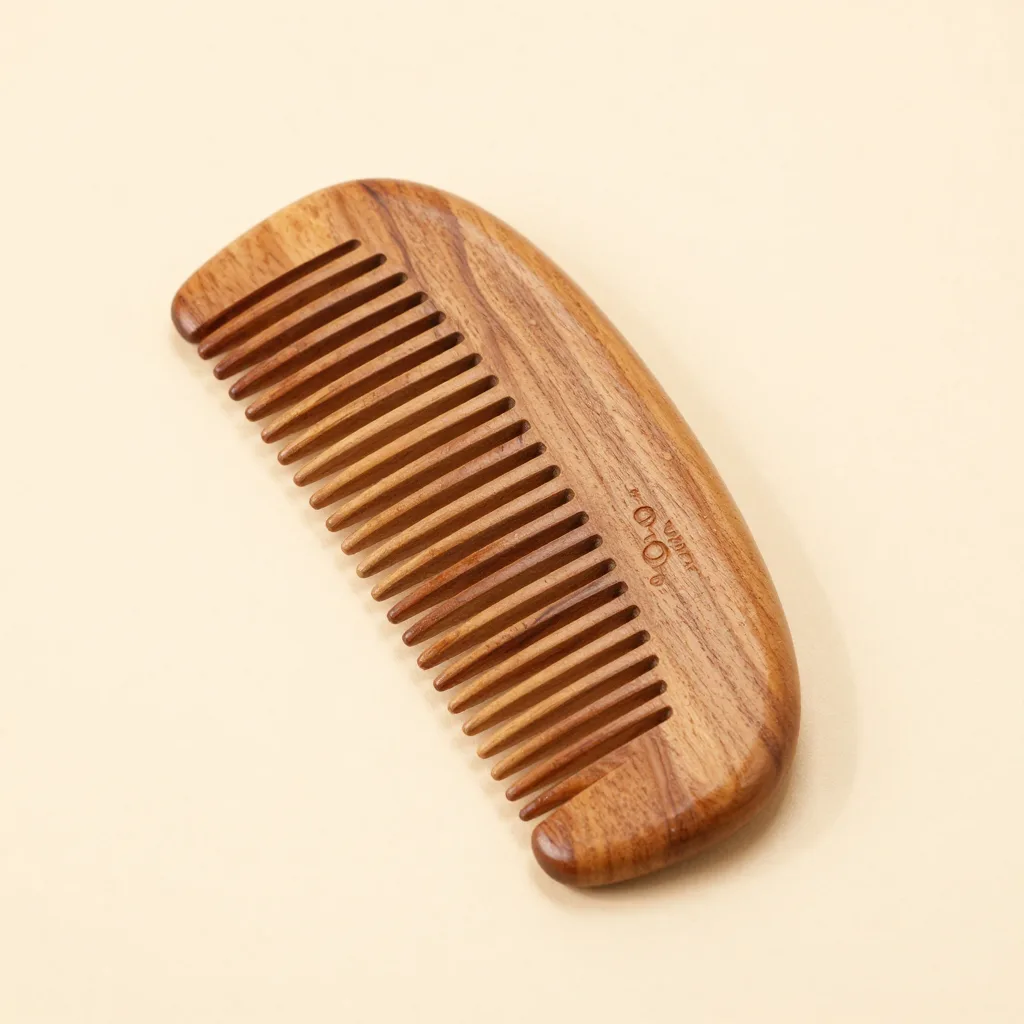 A small pocket neem wood comb on a light background
