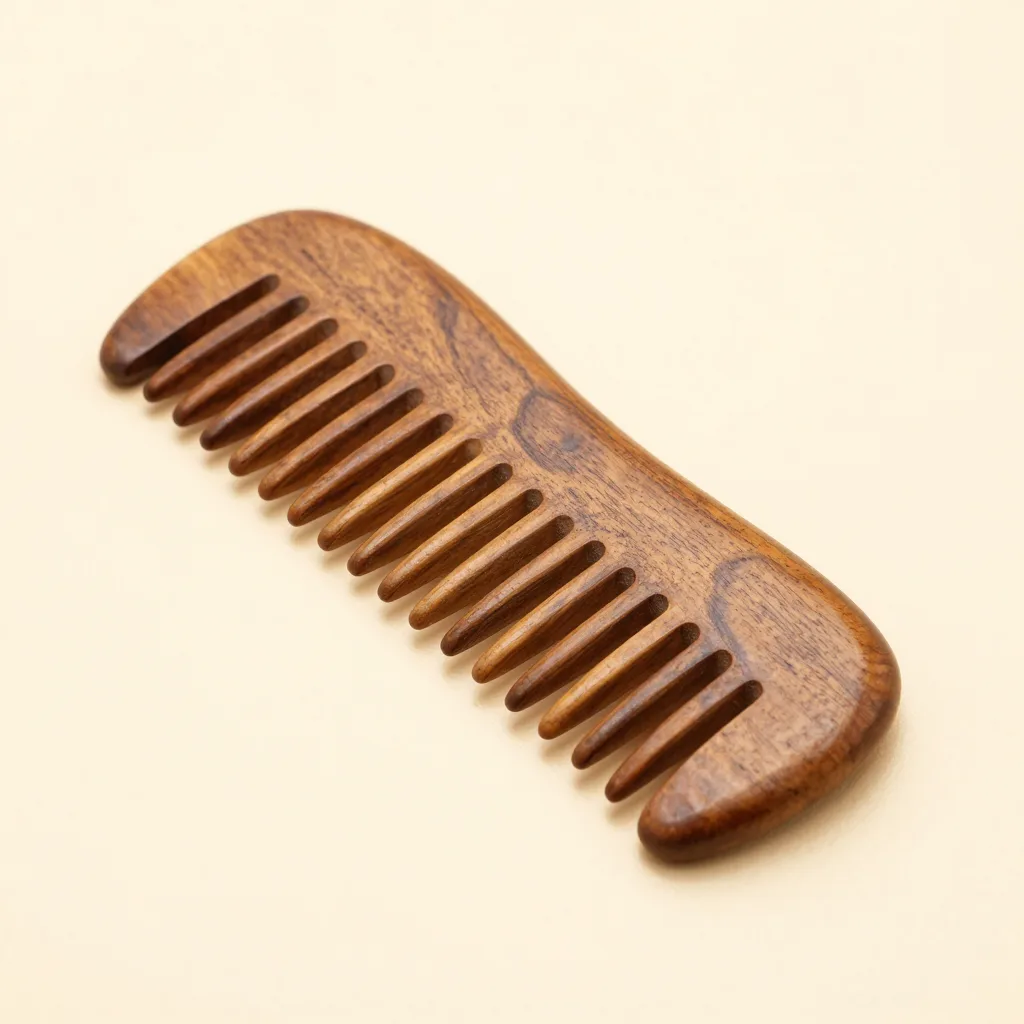 An extra-wide paddle neem wood comb on a light background