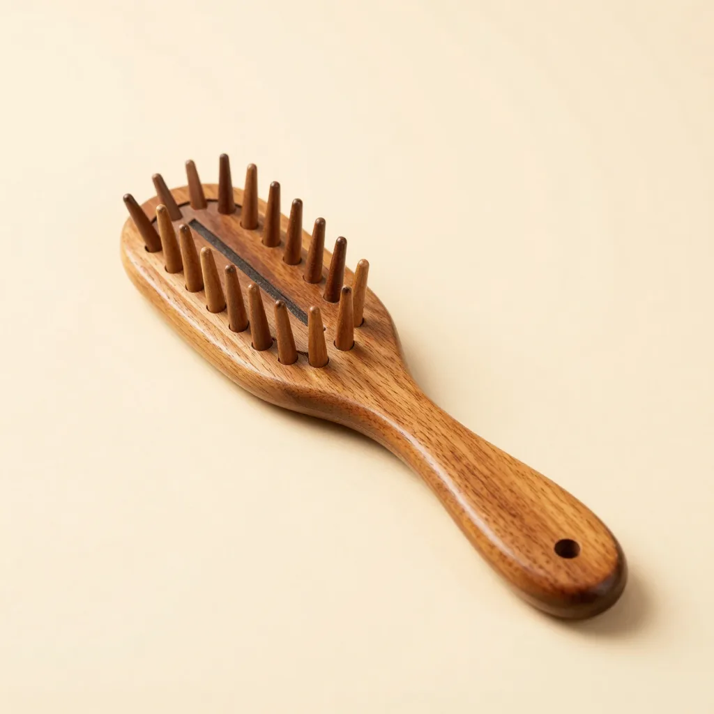 A two-pronged neem wood hair fork on a light background
