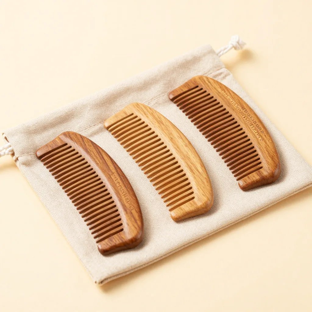 Three neem wood combs in a linen pouch on a light background