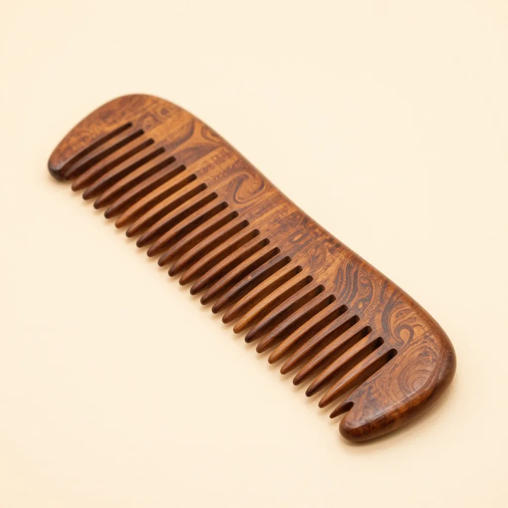 A long wide-tooth neem wood comb on a light background