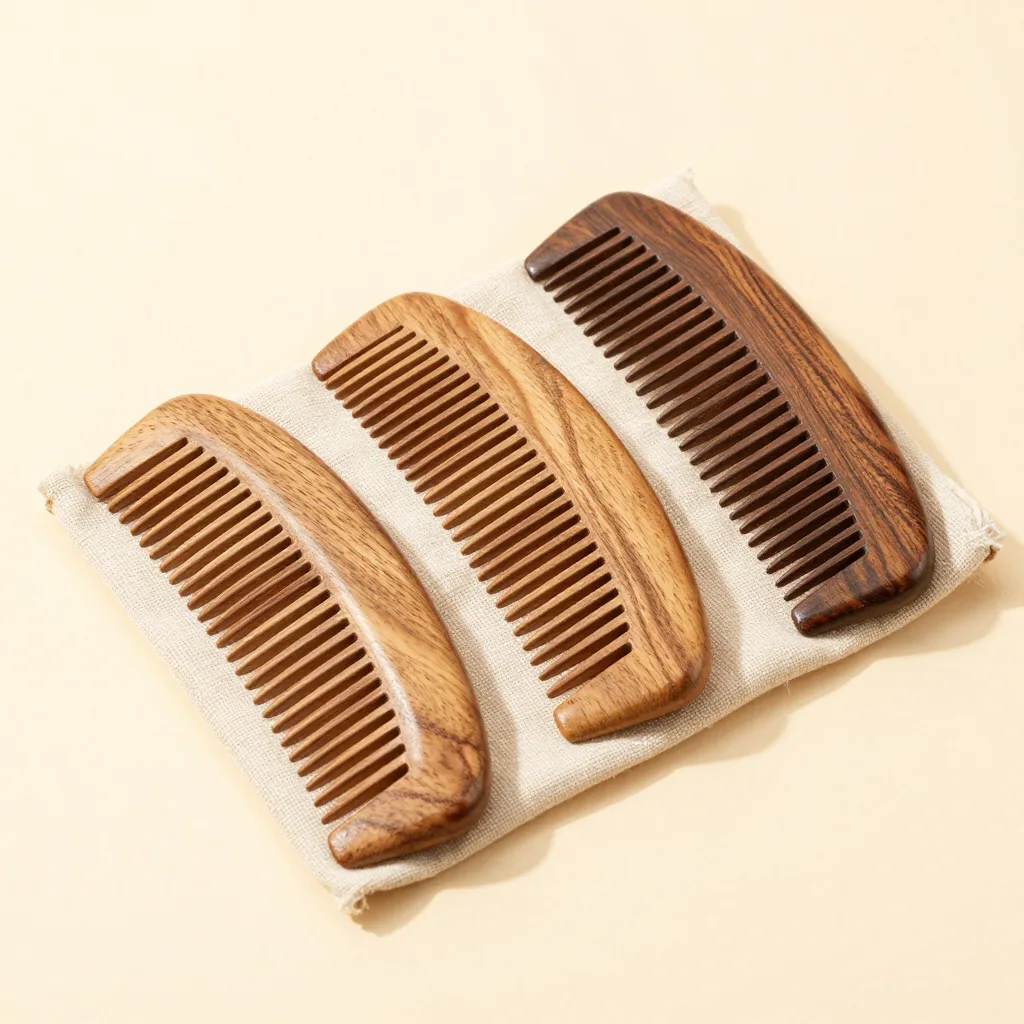 Three neem wood combs wrapped in natural cotton on a light background